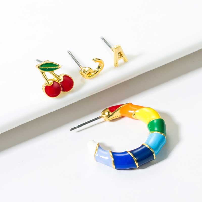 Cute Letter Rainbow Cherry Alloy Rhinestone Enamel Plating Ear Studs display picture 2