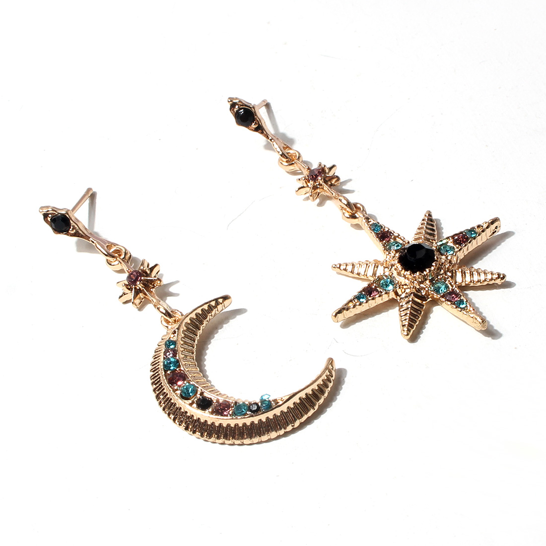 Ethnic Style Star Moon Alloy Inlay Turquoise Rhinestones Drop Earrings display picture 4