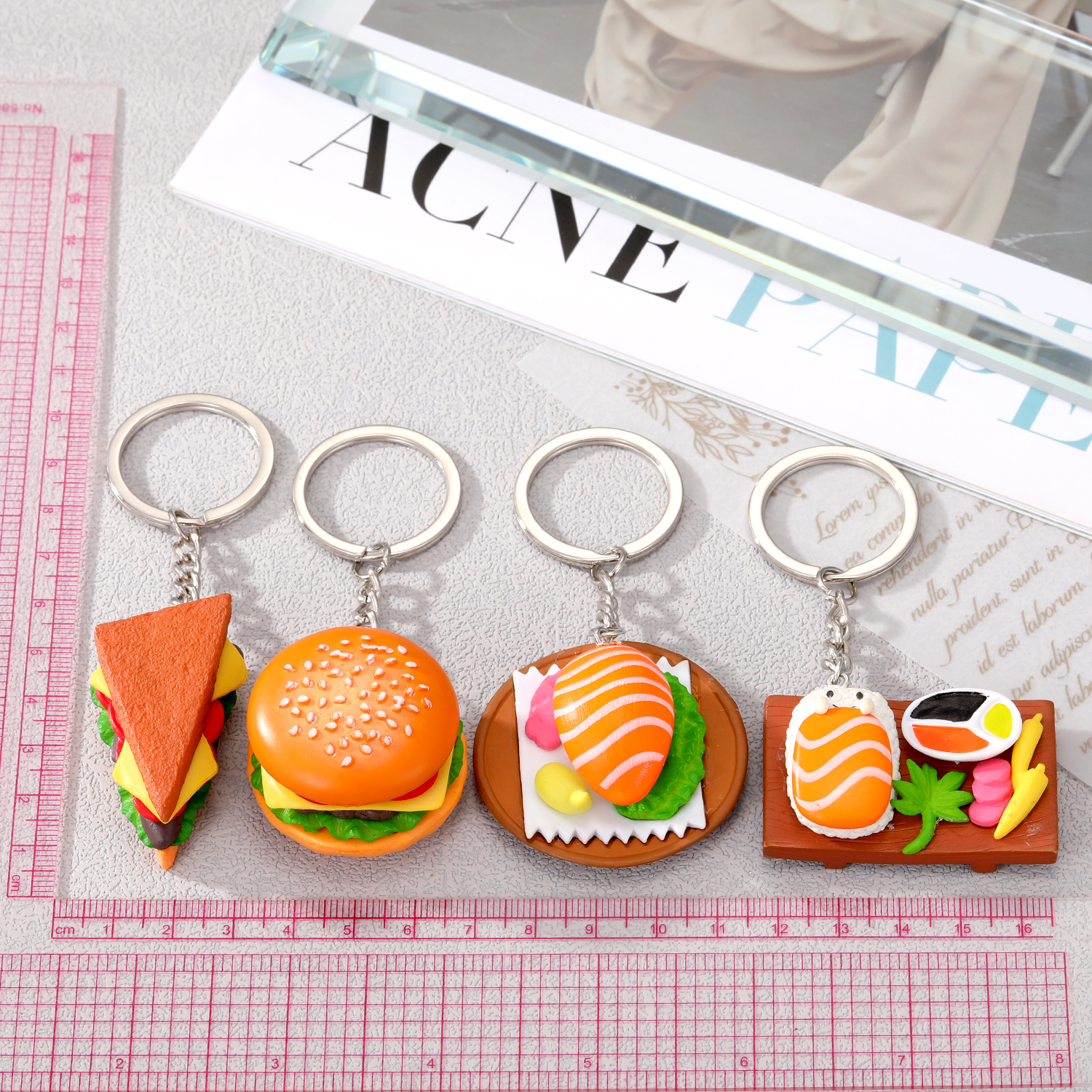 New Creative Food Hamburger Sushi Salmon Resin Keychain Bag Pendant display picture 8