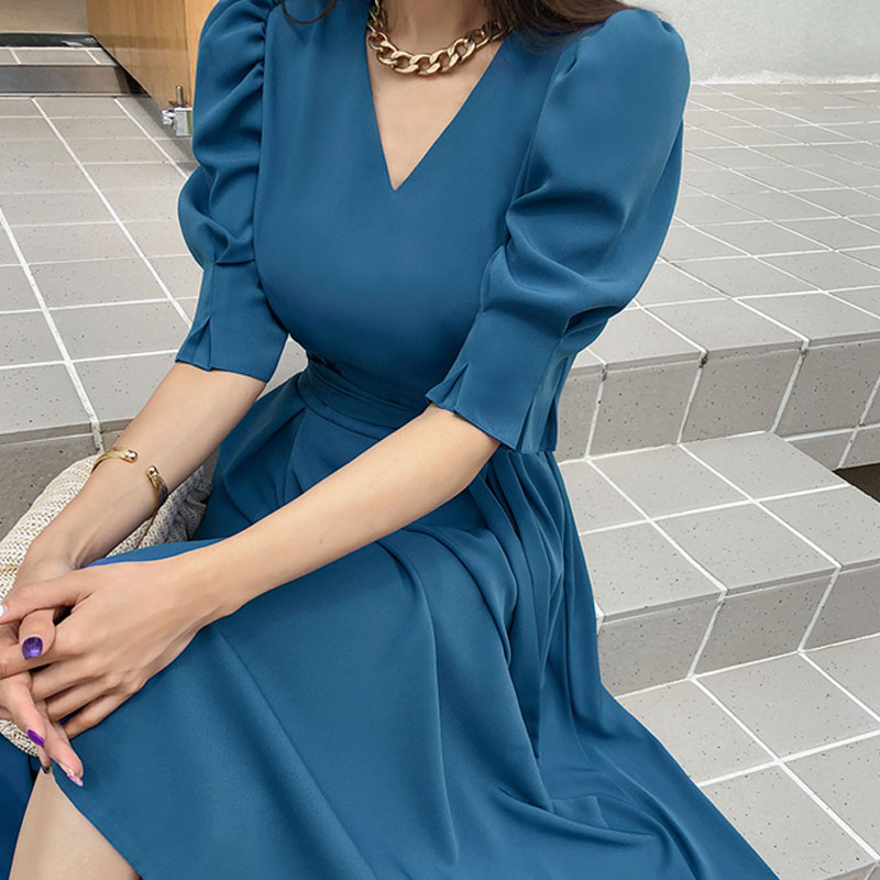 Fashion Solid Color V Neck Half Sleeve Ribbon Polyester Dresses Maxi Long Dress Swing Dress display picture 6