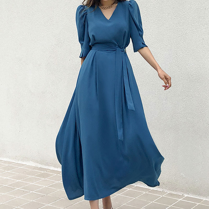 Fashion Solid Color V Neck Half Sleeve Ribbon Polyester Dresses Maxi Long Dress Swing Dress display picture 2