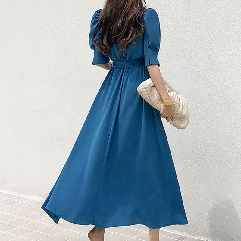 Fashion Solid Color V Neck Half Sleeve Ribbon Polyester Dresses Maxi Long Dress Swing Dress display picture 4