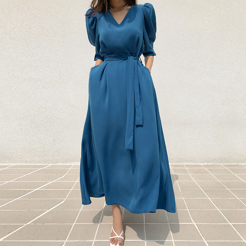 Fashion Solid Color V Neck Half Sleeve Ribbon Polyester Dresses Maxi Long Dress Swing Dress display picture 5