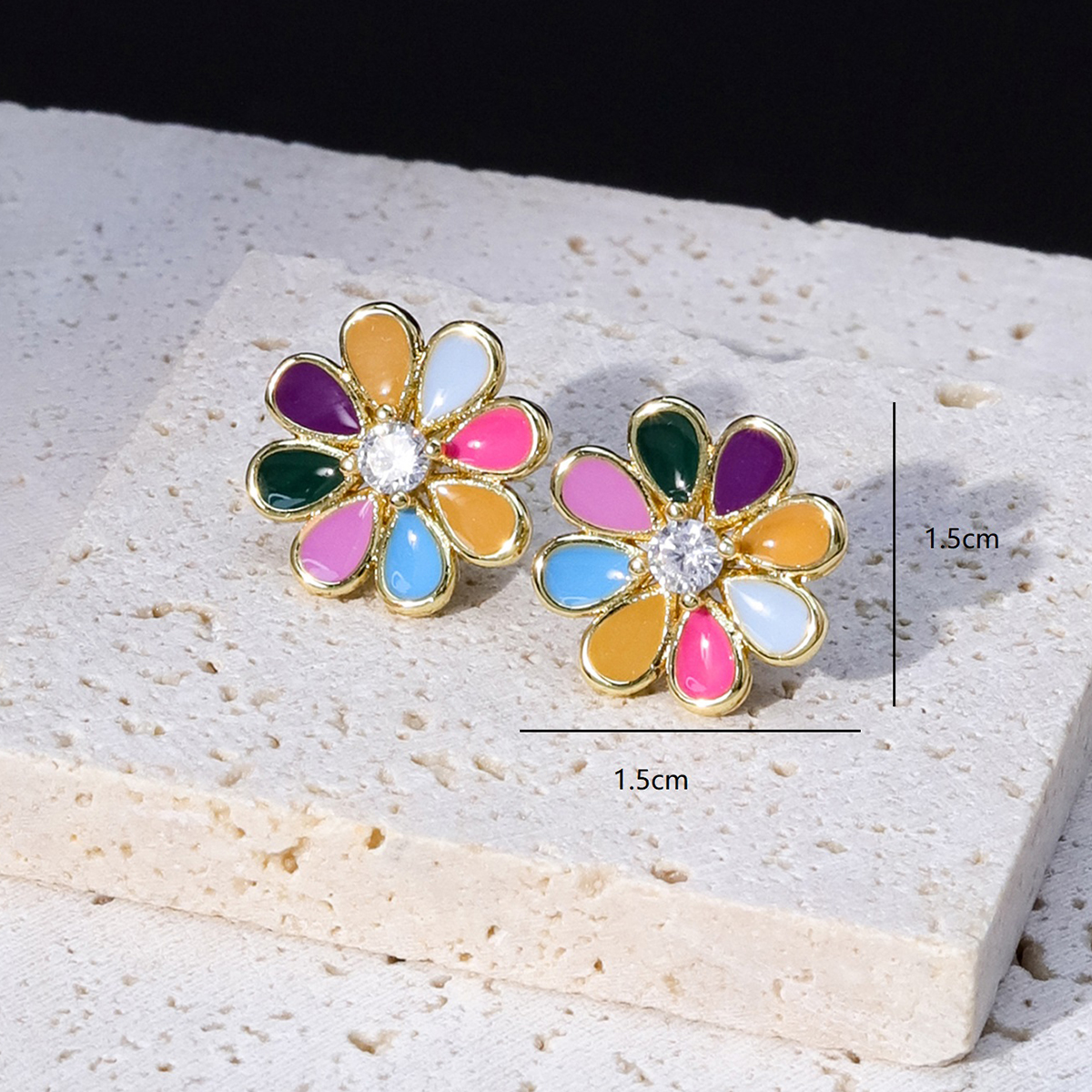 Simple Style Flower Copper Ear Studs Enamel Gold Plated Zircon Copper Earrings 1 Pair display picture 5