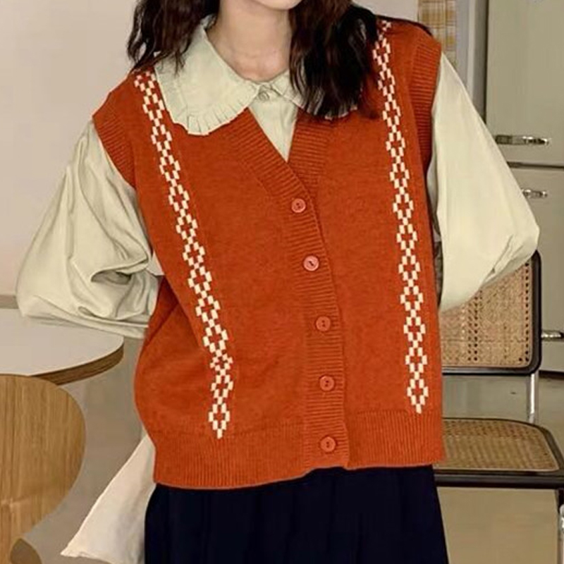 Preppy Style Geometric Knit V Neck Sleeveless Front Button Vest display picture 1