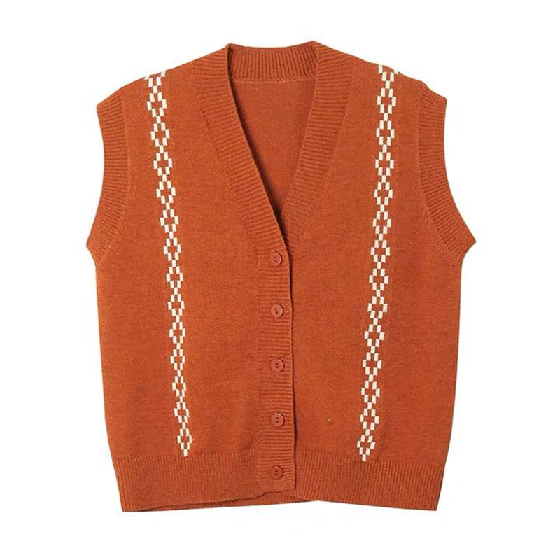 Preppy Style Geometric Knit V Neck Sleeveless Front Button Vest display picture 2