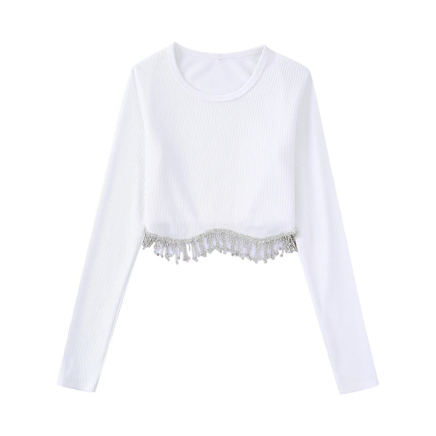 Fashion Solid Color Polyester Round Neck Long Sleeve Beaded Tassel Blouse display picture 2