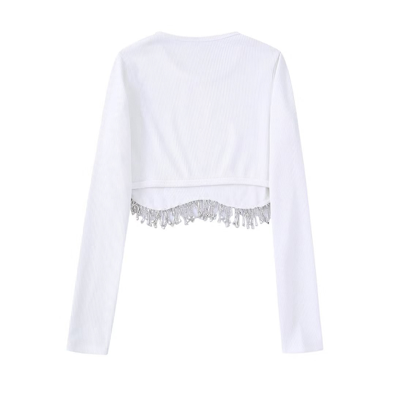 Fashion Solid Color Polyester Round Neck Long Sleeve Beaded Tassel Blouse display picture 1