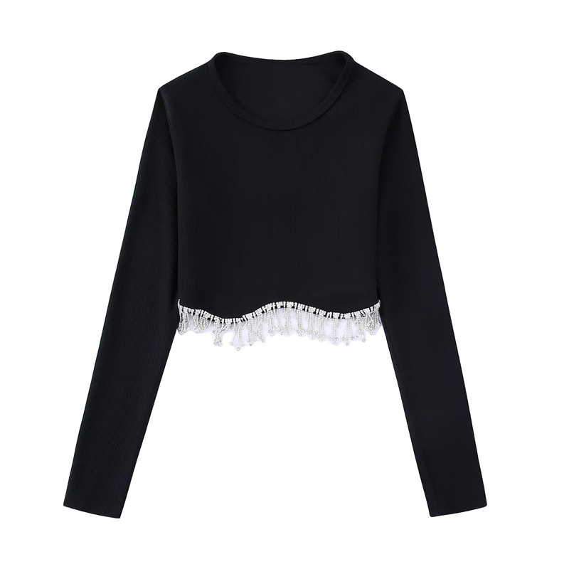 Fashion Solid Color Polyester Round Neck Long Sleeve Beaded Tassel Blouse display picture 7