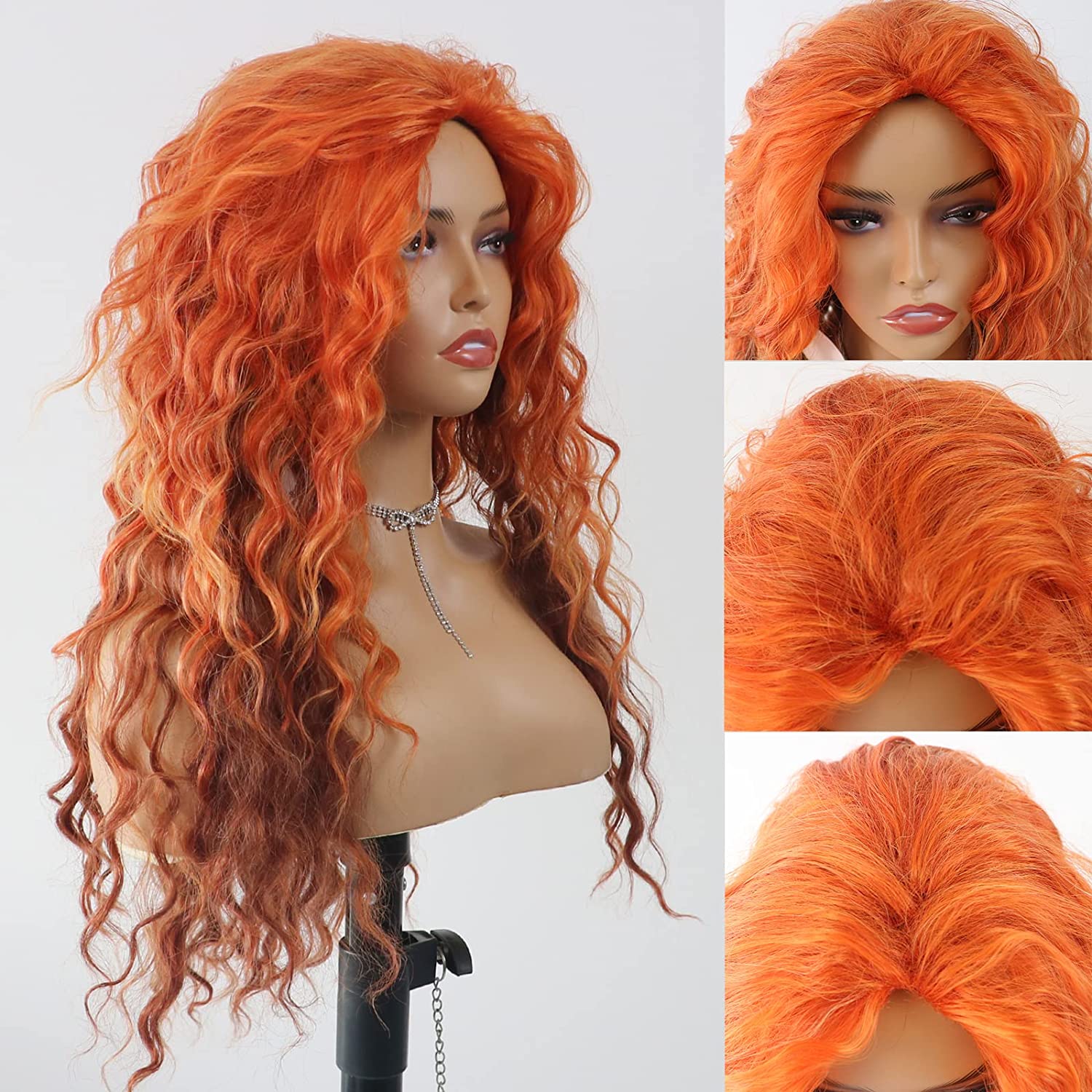 Femmes Mode Orange Fête Fil Haute Température Pointes Latérales Cheveux Longs Et Bouclés Perruques display picture 6