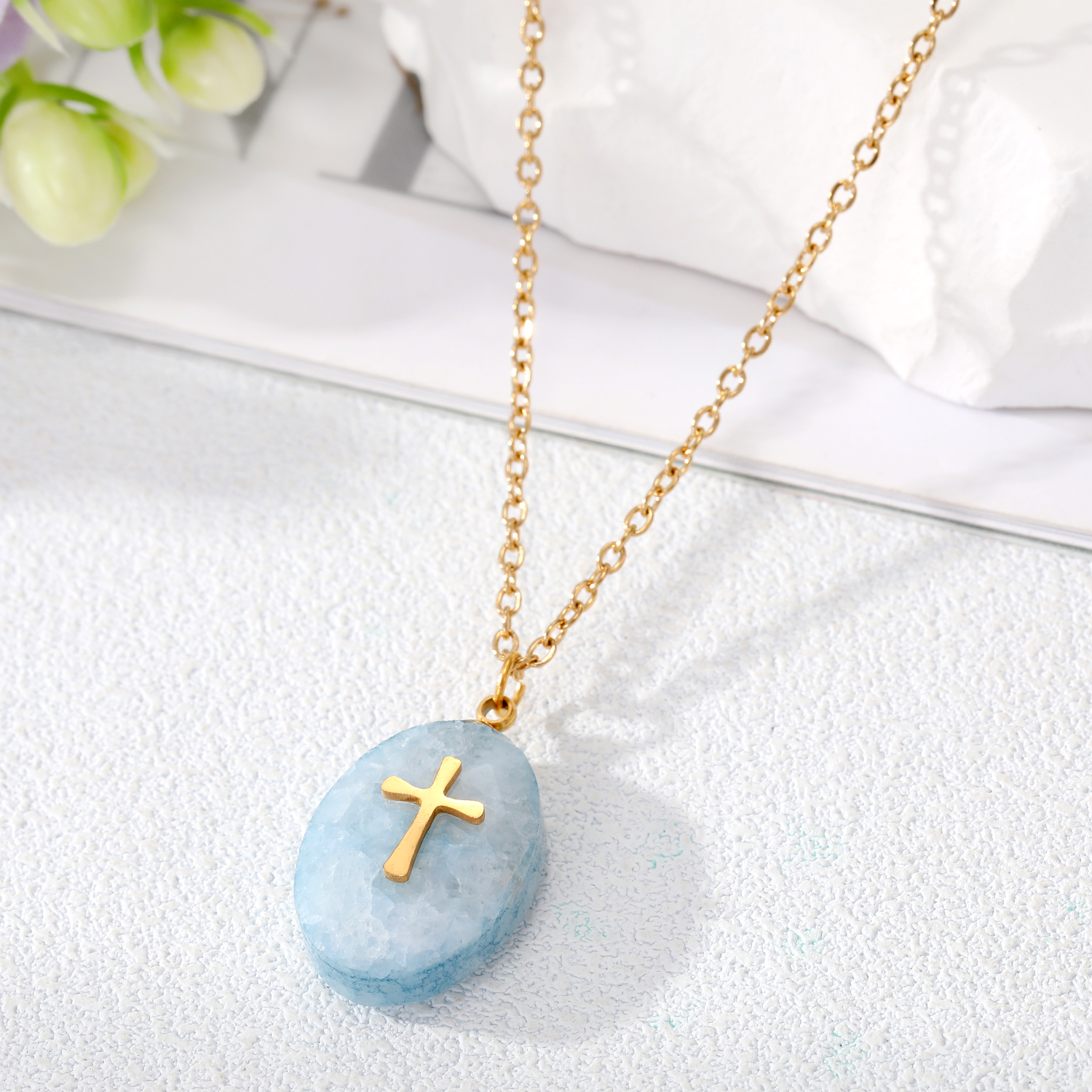 Simple Style Cross Water Droplets Lightning Stainless Steel Pendant Necklace Plating Natural Stone Stainless Steel Necklaces 1 Piece display picture 7