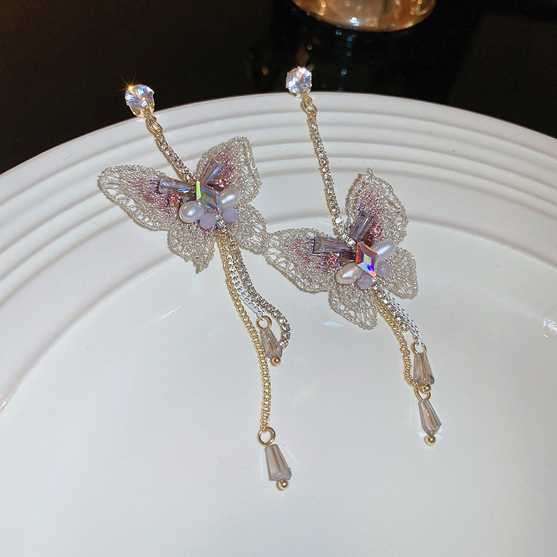 Simple Style Butterfly Alloy Inlay Rhinestones Pearl Drop Earrings 1 Pair display picture 2