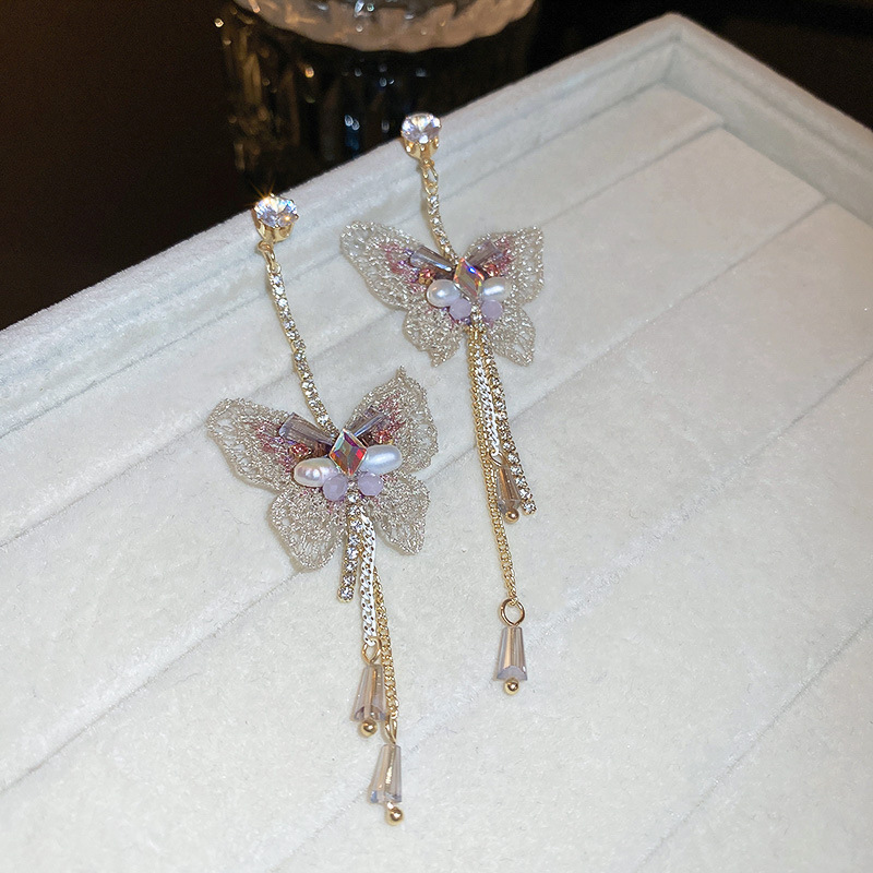 Simple Style Butterfly Alloy Inlay Rhinestones Pearl Drop Earrings 1 Pair display picture 3