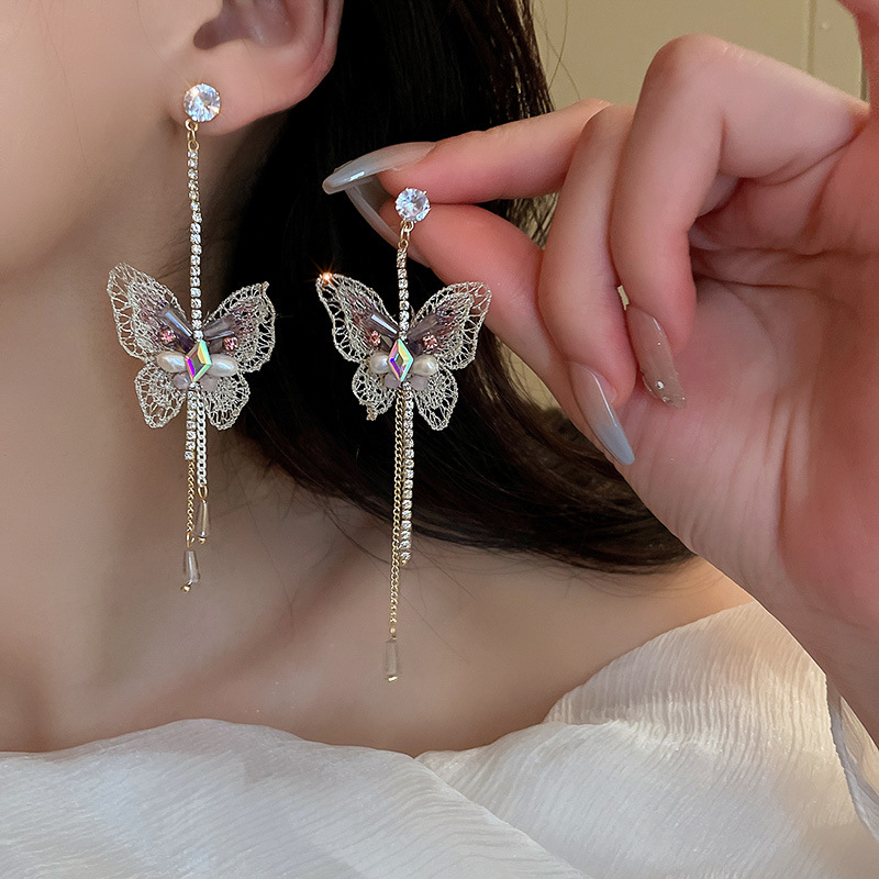 Simple Style Butterfly Alloy Inlay Rhinestones Pearl Drop Earrings 1 Pair display picture 4
