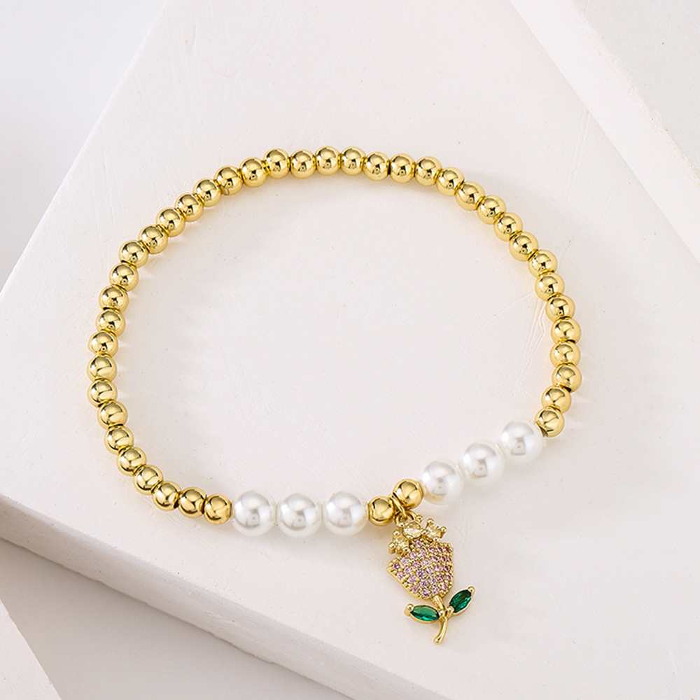 Fashion Star Flower Imitation Pearl Copper Bangle Beaded Gold Plated Zircon Copper Bracelets display picture 1