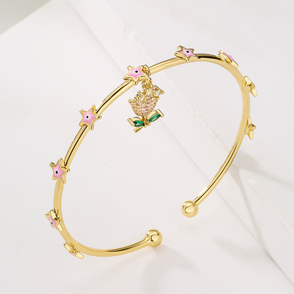 Fashion Star Flower Imitation Pearl Copper Bangle Beaded Gold Plated Zircon Copper Bracelets display picture 2