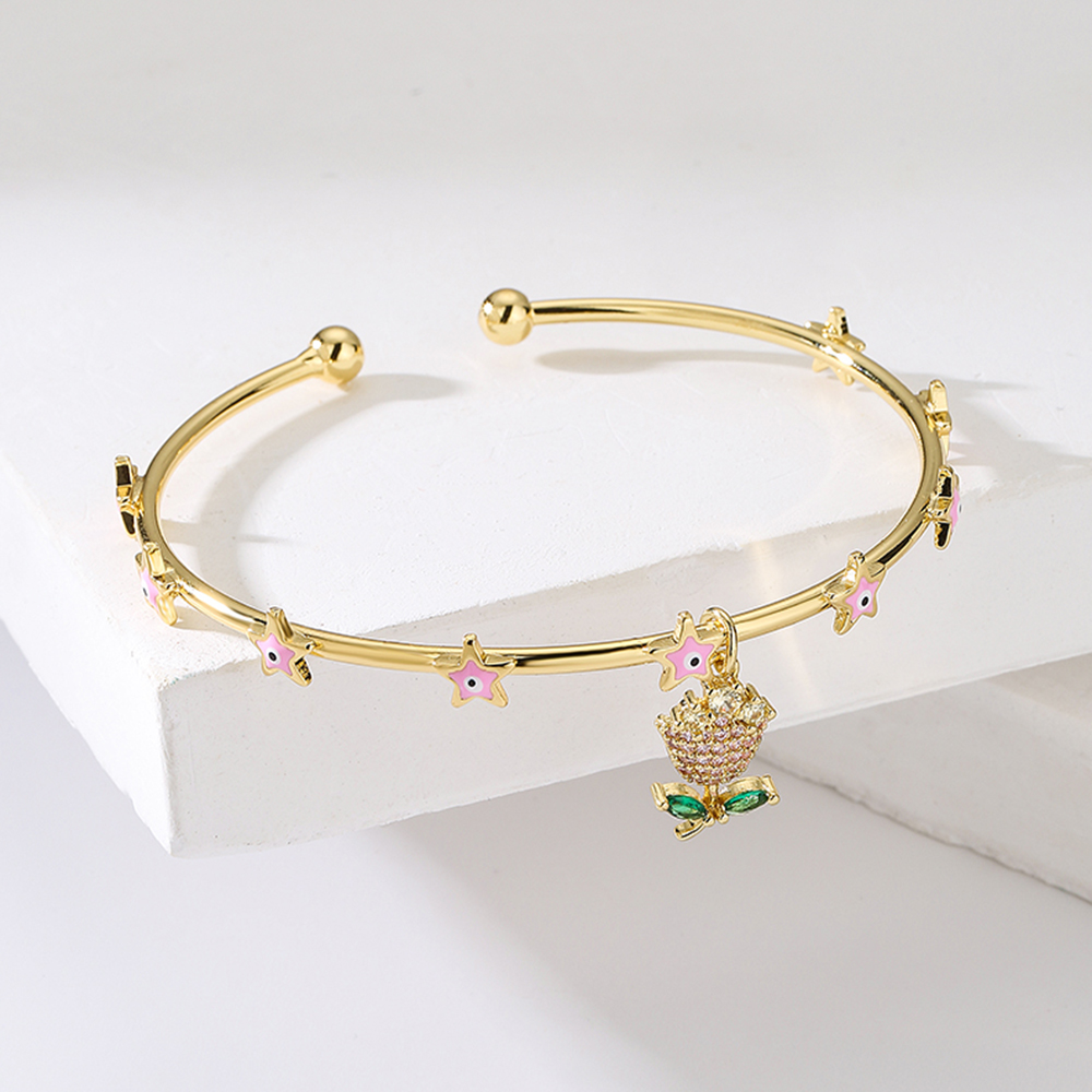 Fashion Star Flower Imitation Pearl Copper Bangle Beaded Gold Plated Zircon Copper Bracelets display picture 3