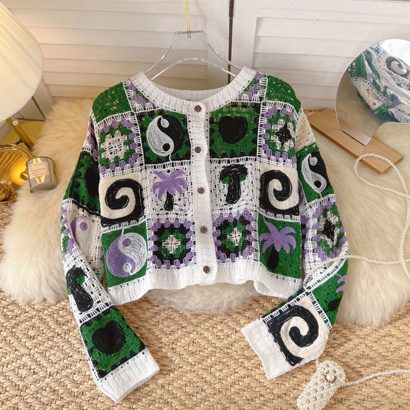 Ethnic Style Color Block Cotton Blend V Neck Long Sleeve Regular Sleeve Hollow Out Knitwear display picture 6