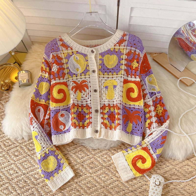 Ethnic Style Color Block Cotton Blend V Neck Long Sleeve Regular Sleeve Hollow Out Knitwear display picture 5