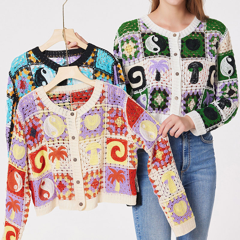 Ethnic Style Color Block Cotton Blend V Neck Long Sleeve Regular Sleeve Hollow Out Knitwear display picture 9