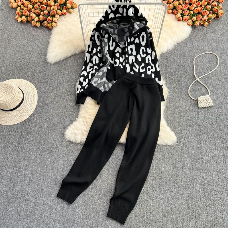 Casual Leopard Knit Printing Pants Sets 3 Piece Set display picture 1
