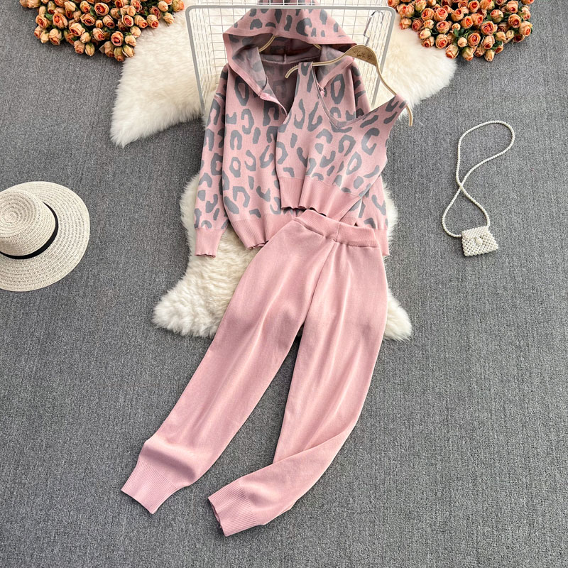 Casual Leopard Knit Printing Pants Sets 3 Piece Set display picture 4