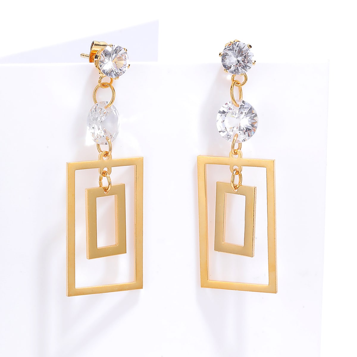 1 Piece Fashion Square Plating Inlaid Zircon 201 Stainless Steel 18K Gold Plated Dangling Earrings display picture 2