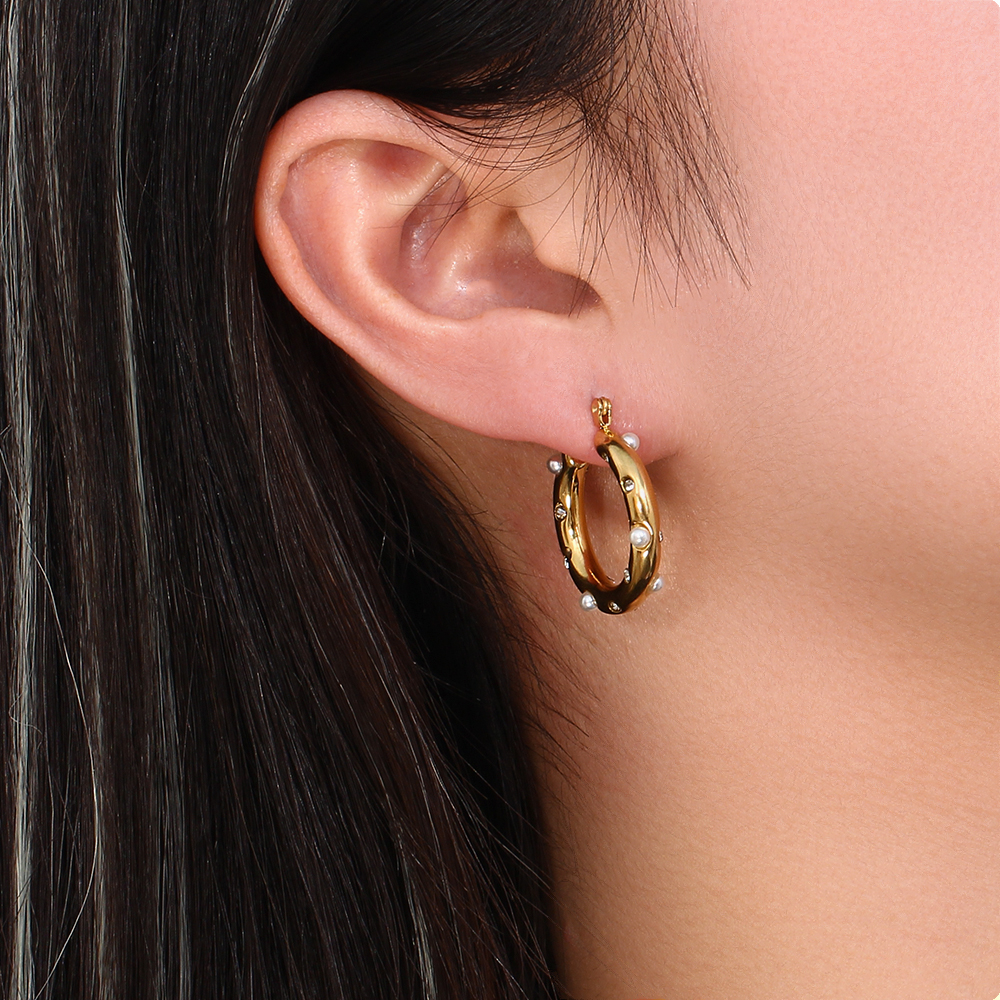 1 Pair Fashion Geometric Stainless Steel Pearl Zircon Gold Plated Earrings display picture 4