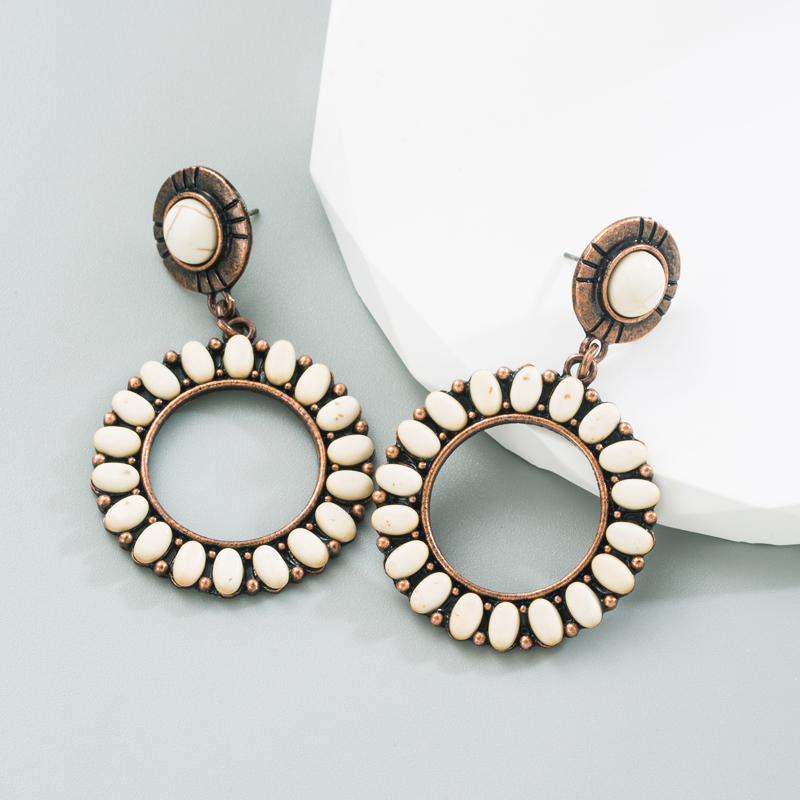 1 Pair Retro Ethnic Style Round Plating Inlay Alloy Turquoise Drop Earrings display picture 4
