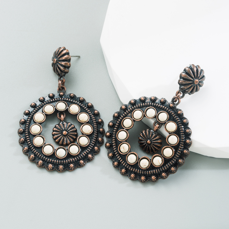 1 Pair Retro Ethnic Style Geometric Round Plating Inlay Alloy Turquoise Drop Earrings display picture 4