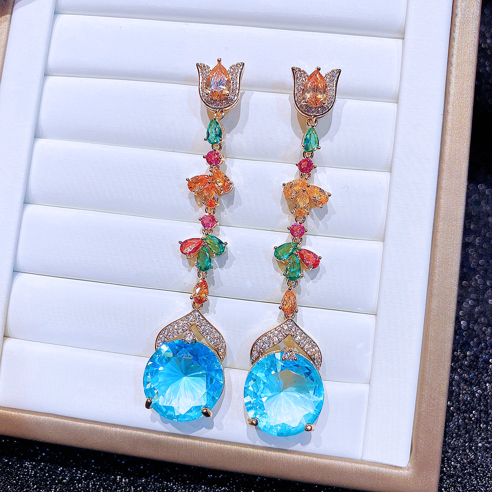 Glam Geometric Copper Drop Earrings Artificial Gemstones Zircon Copper Earrings display picture 5