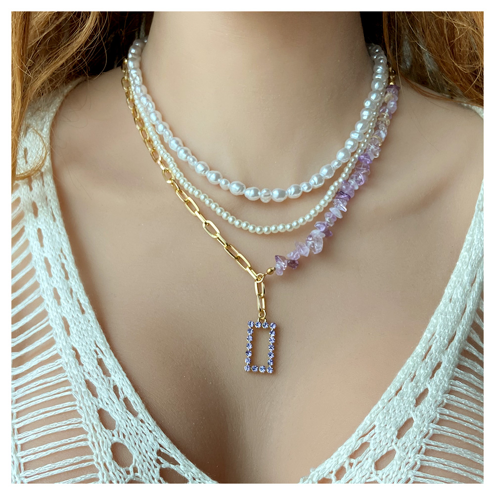 Simple Style Geometric Imitation Pearl Alloy Beaded Inlay Natural Stone Rhinestone Layered Necklaces display picture 3