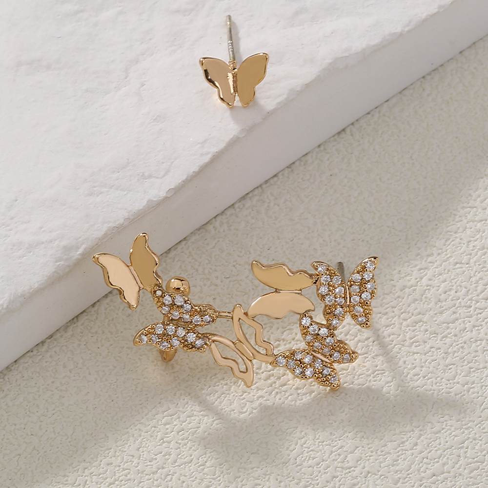 Mode Asymmetrisch Schmetterling Kupfer Ohrstecker Überzug Zirkon Kupfer Ohrringe display picture 3