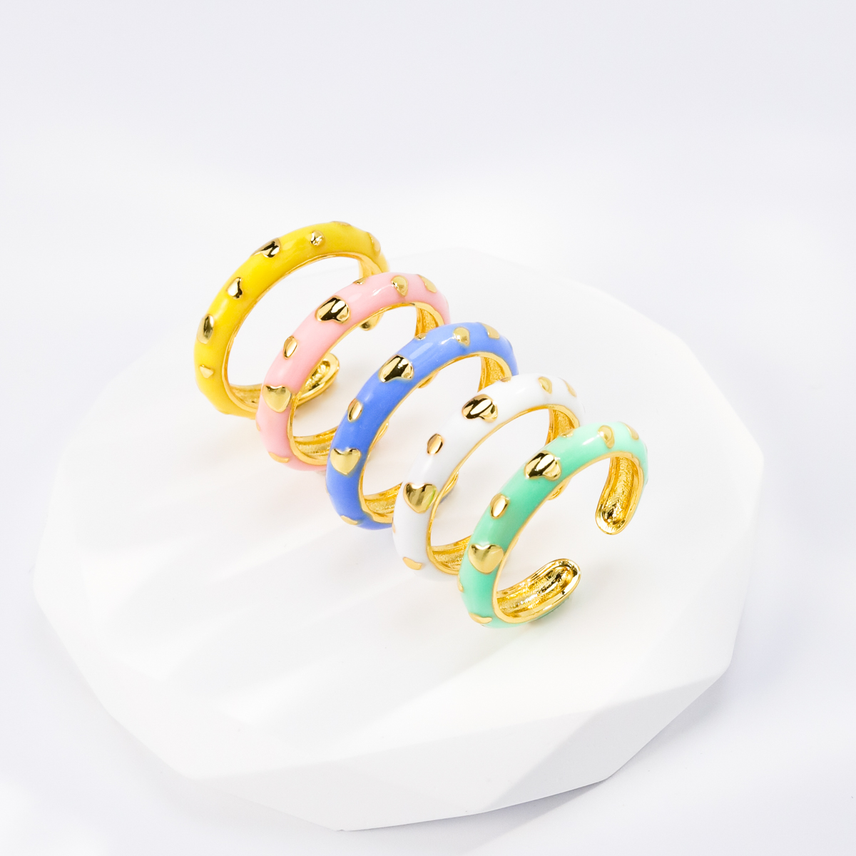 Fashion Heart Shape Copper Open Ring Enamel Gold Plated Copper Rings 5 Piece Set display picture 3