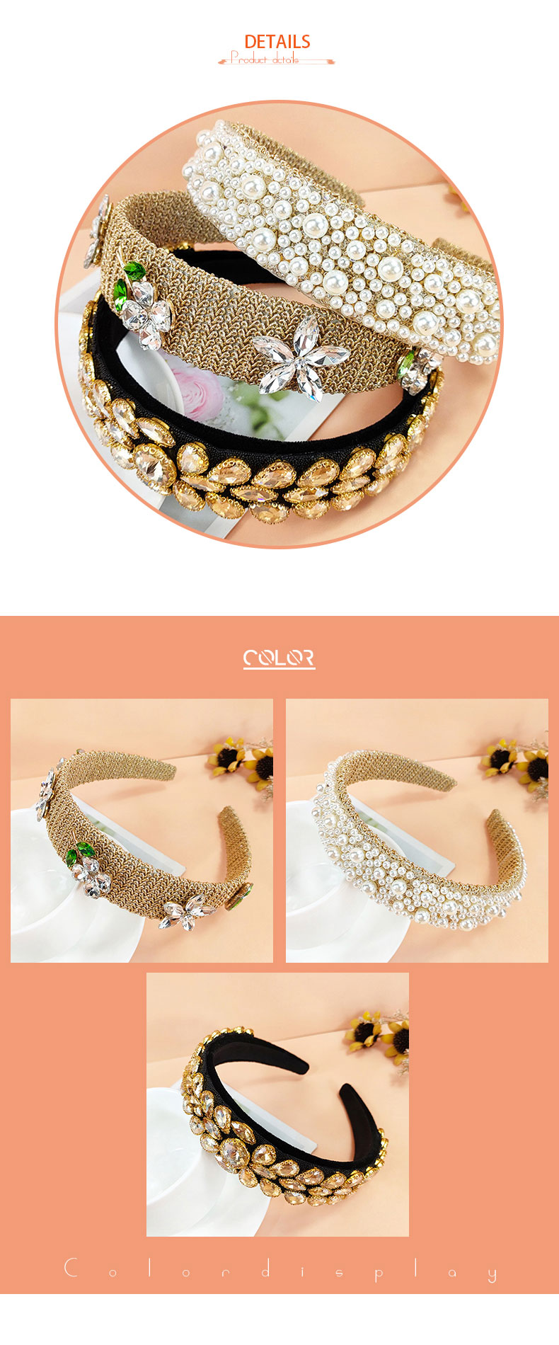 Baroque Style Flower Artificial Gemstones Inlay Gem Rhinestones Pearl Hair Band 1 Piece display picture 3