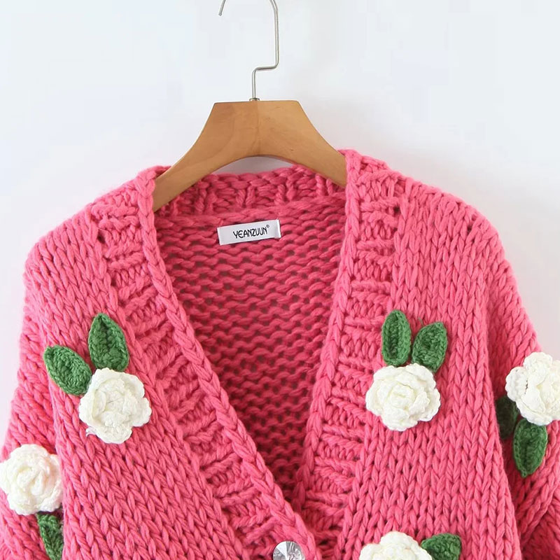 Vintage Style Flower Knitted Fabric V Neck Long Sleeve Regular Sleeve Button Sweater display picture 1