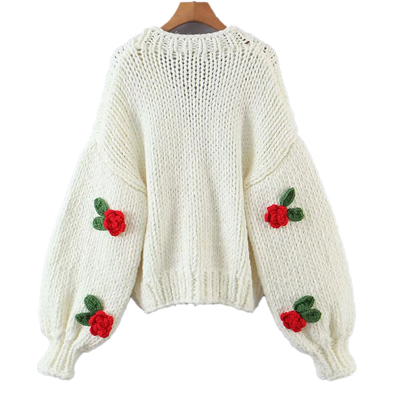 Vintage Style Flower Knitted Fabric V Neck Long Sleeve Regular Sleeve Button Sweater display picture 6