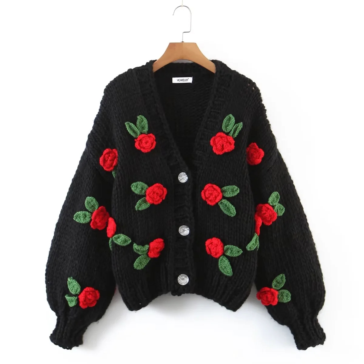 Vintage Style Flower Knitted Fabric V Neck Long Sleeve Regular Sleeve Button Sweater display picture 9