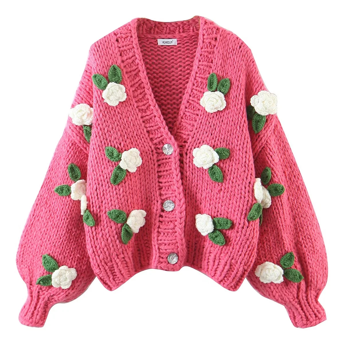 Vintage Style Flower Knitted Fabric V Neck Long Sleeve Regular Sleeve Button Sweater display picture 11