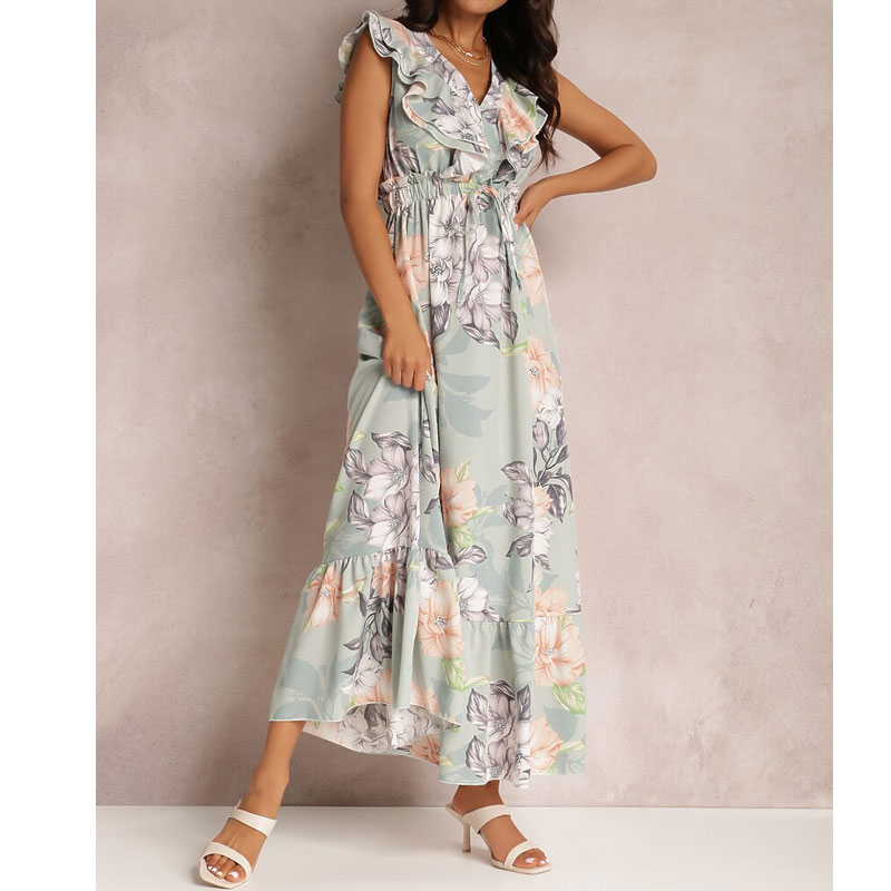Women's Sheath Dress Casual V Neck Ruffles Sleeveless Floral Maxi Long Dress Daily display picture 4