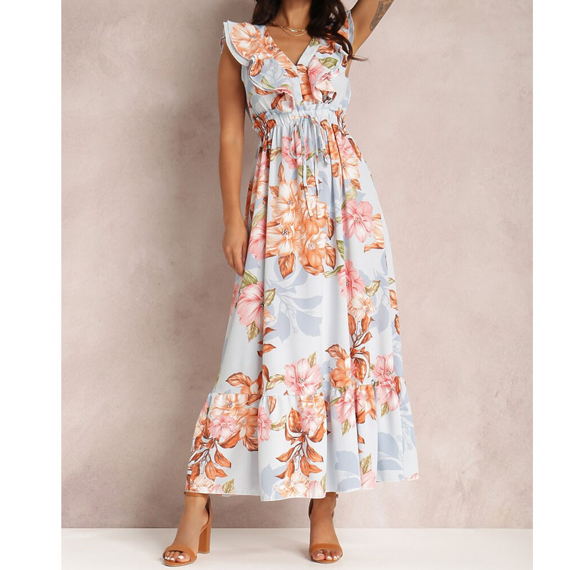 Women's Sheath Dress Casual V Neck Ruffles Sleeveless Floral Maxi Long Dress Daily display picture 3