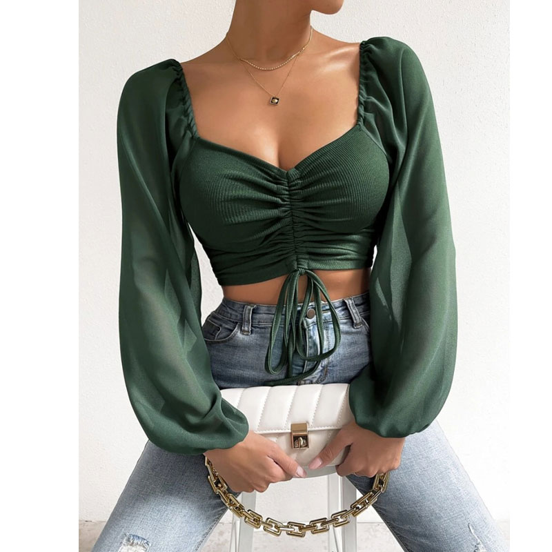 Women's Wrap Crop Top Long Sleeve Blouses Fashion Solid Color display picture 1