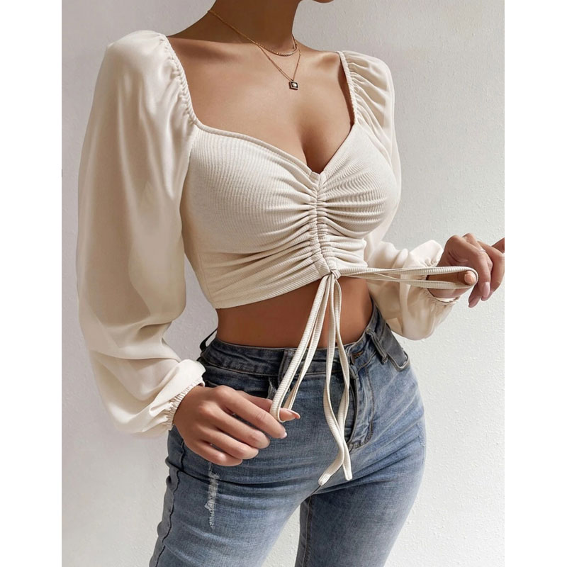 Women's Wrap Crop Top Long Sleeve Blouses Fashion Solid Color display picture 3