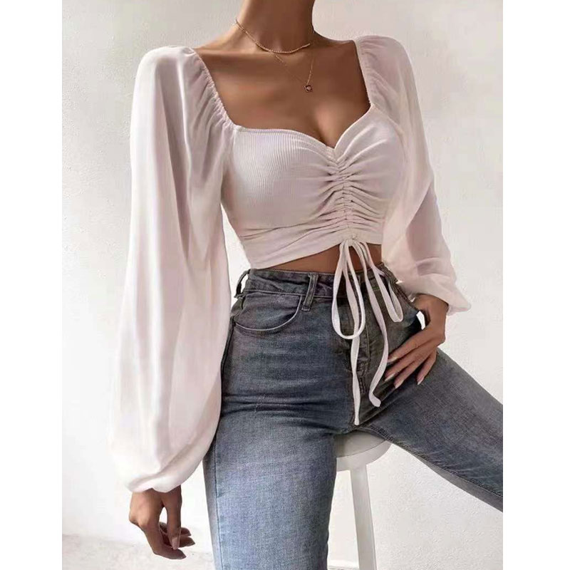 Women's Wrap Crop Top Long Sleeve Blouses Fashion Solid Color display picture 2