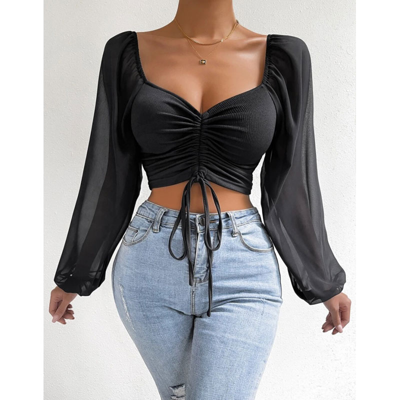 Women's Wrap Crop Top Long Sleeve Blouses Fashion Solid Color display picture 4