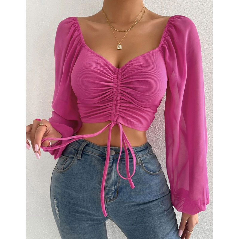 Women's Wrap Crop Top Long Sleeve Blouses Fashion Solid Color display picture 6
