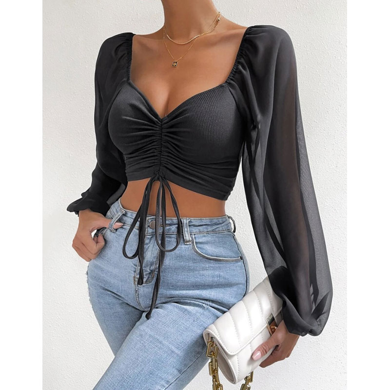 Women's Wrap Crop Top Long Sleeve Blouses Fashion Solid Color display picture 5
