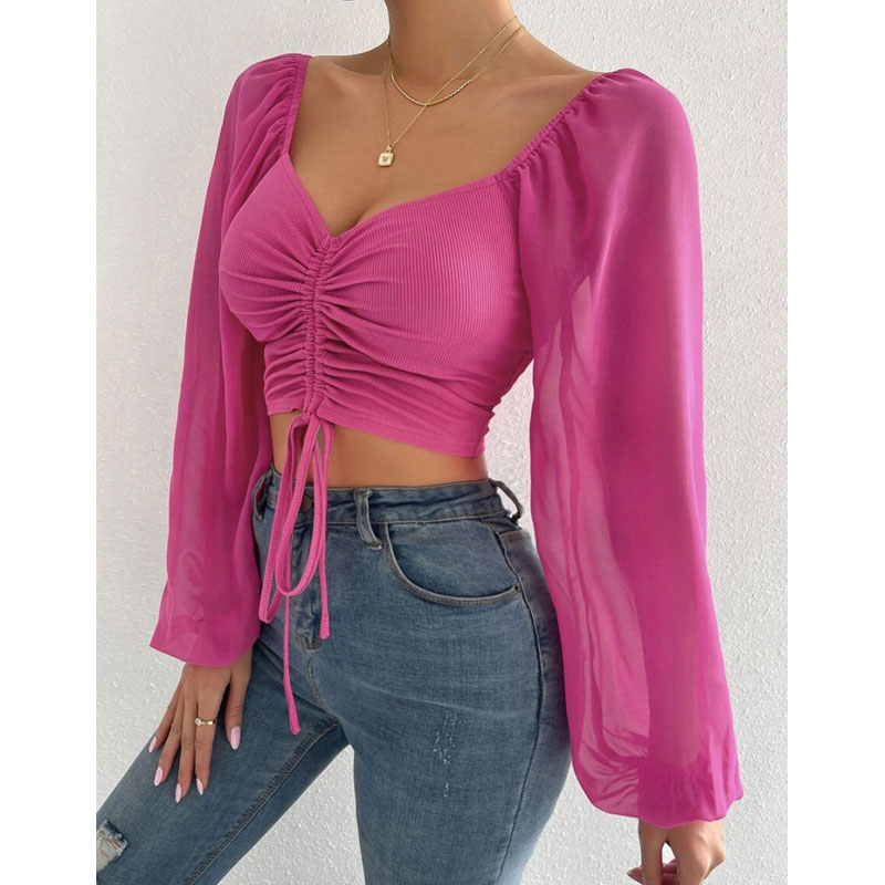 Women's Wrap Crop Top Long Sleeve Blouses Fashion Solid Color display picture 9