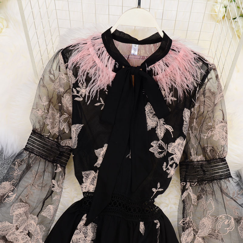 Women's A-line Skirt Elegant Round Neck Embroidery Feather Long Sleeve Flower Midi Dress Holiday Daily display picture 2
