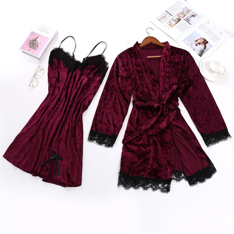 Simple Style Solid Color Velvet Polyester Lace Skirt Sets Pajamas display picture 2